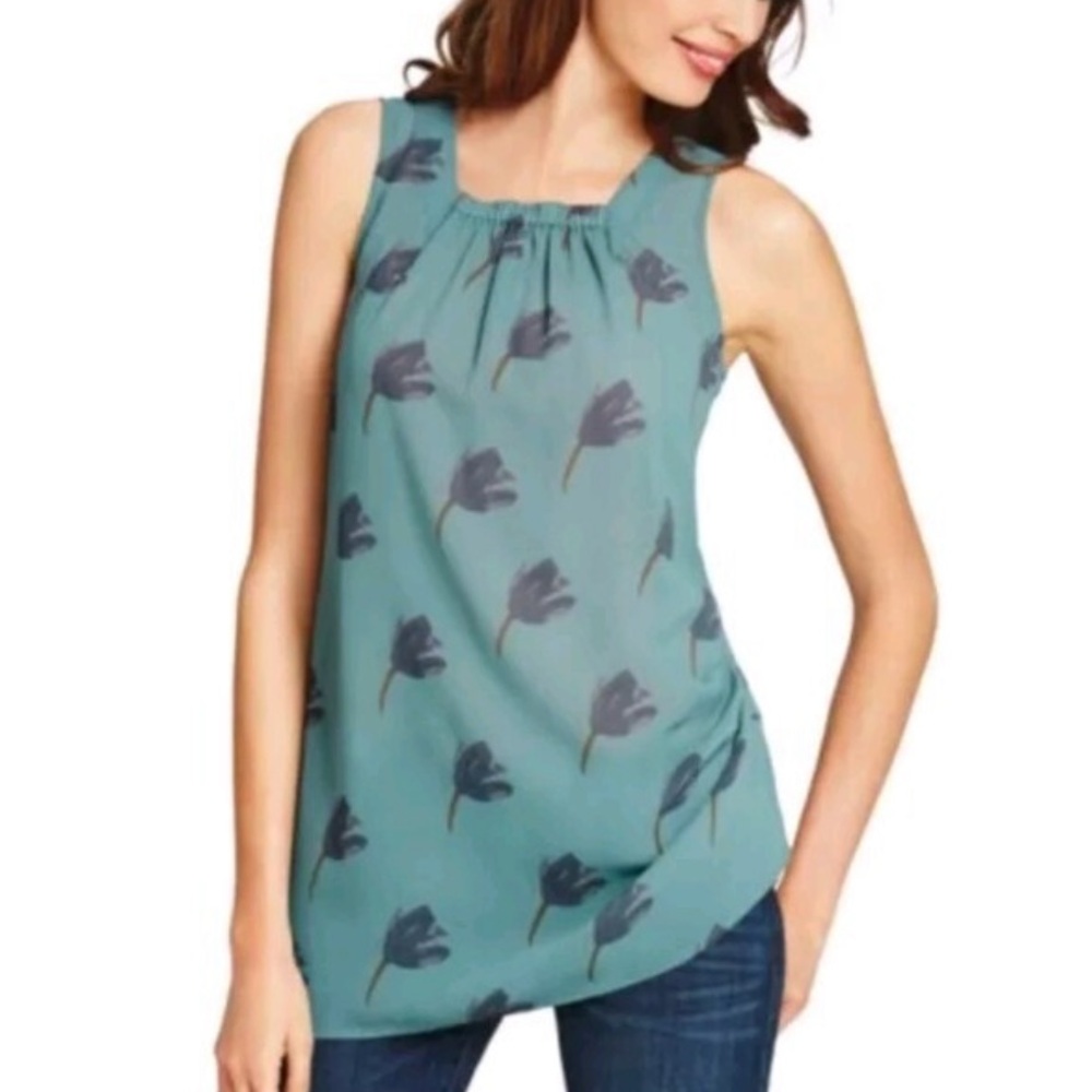 Cabi green floral sheer asymmetrical bow back tank top